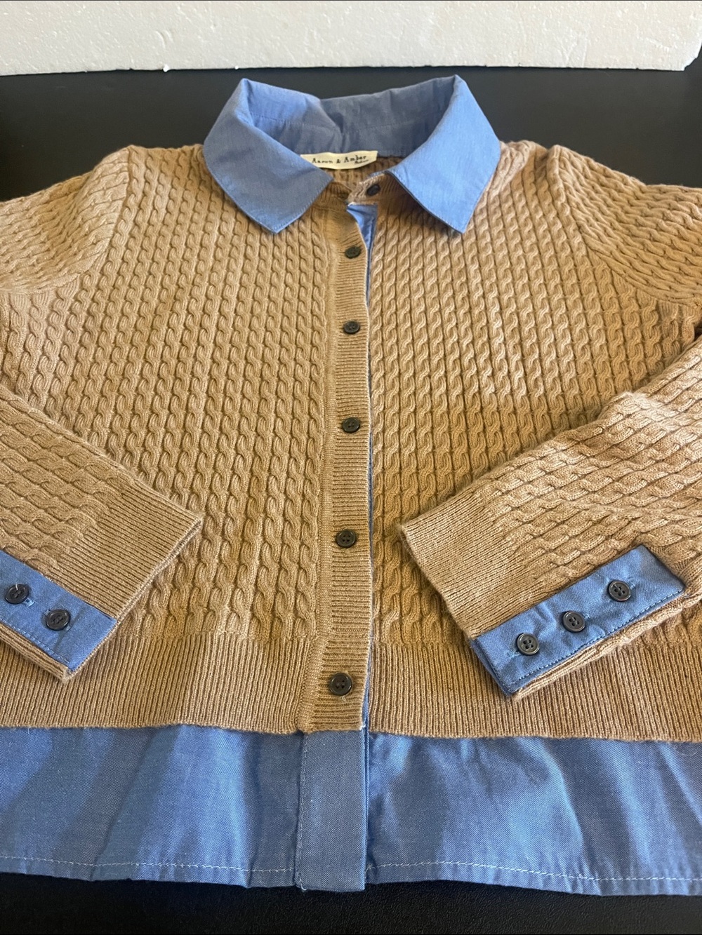 Aaron & Amber Tan Cable-Knit Cardigan Mixed Media Size Medium - Picture 6 of 11